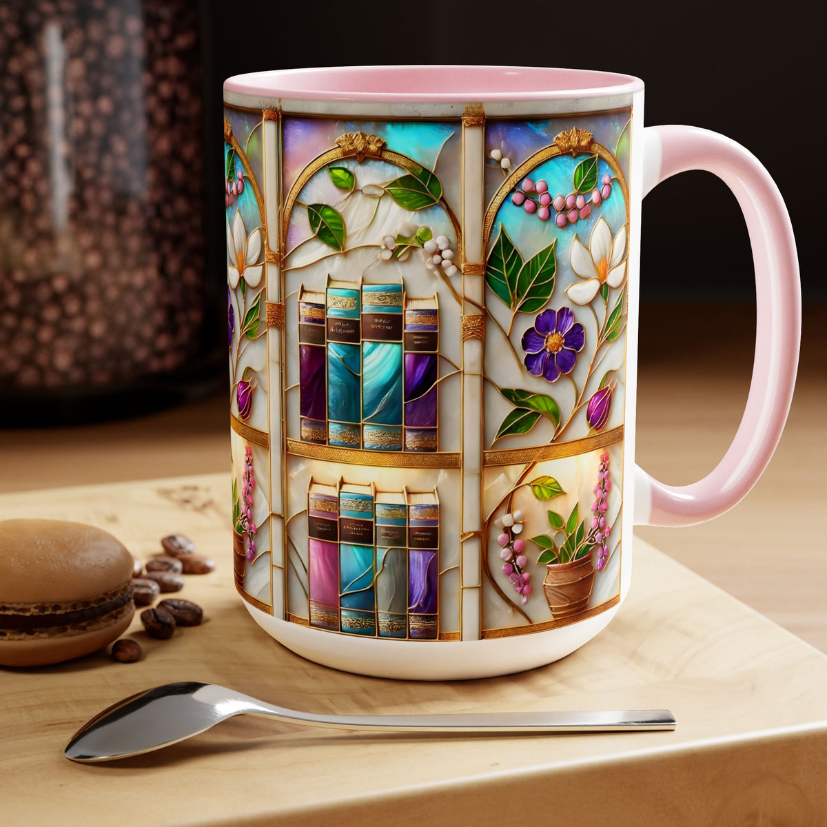 Floral Bookshelf Coffee Mug, Bookish Stained-Glass Style Ceramic Mug, Book Lover Gift 15oz