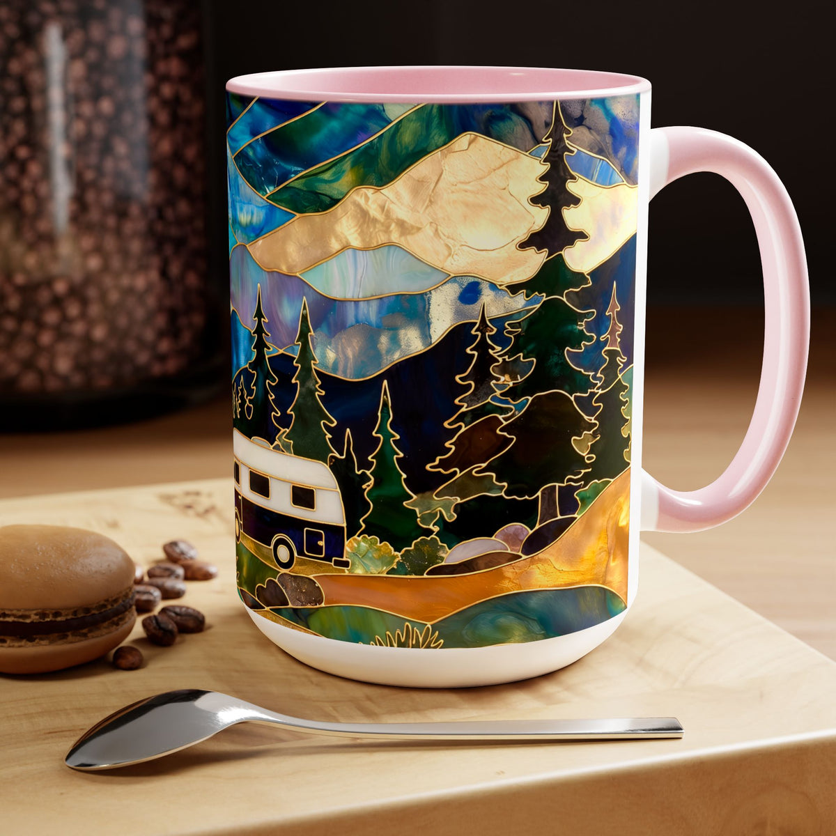 Stained Glass Style Mountain Camper Mug, Camping Coffee Cup, Outdoor Adventure Mug, Nature Lover Gift, Fathers Day Mug, Forest Landscape Cup