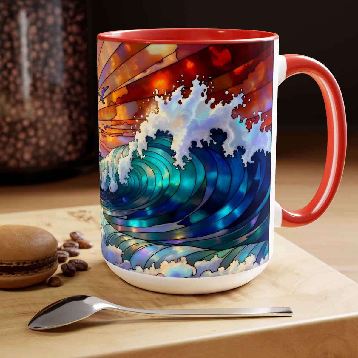 Stained Glass Style Ocean Beach Mug 15oz, Sunrise High Waves Coffee Cup, Palm Tree Coastal Art Cup, Tropical Beach Gift