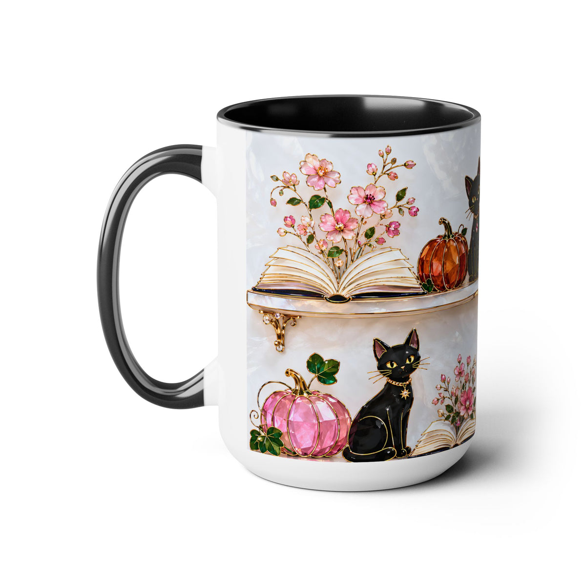 Halloween Ghost Bookshelf Mug, Black Cat Coffee Mug, Witchy Ghost Mug, Book Lover Gift, Spooky Library Mug, Pink Floral Bookshelf Mug 15oz