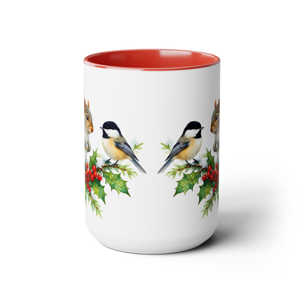 Squirrel and Chickadee Mug, Birds on Snowy Branch Mug, Woodland Retro Christmas Mug, Kitchen Decor Mug, Winter Mug, Squirrel Lover Mug 15oz