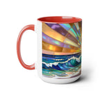 Beach Sunrise Stained Glass Style Mug, Coastal Ocean Coffee Cup, Sunrise Sea Mug, Beach Lover Cup 15oz