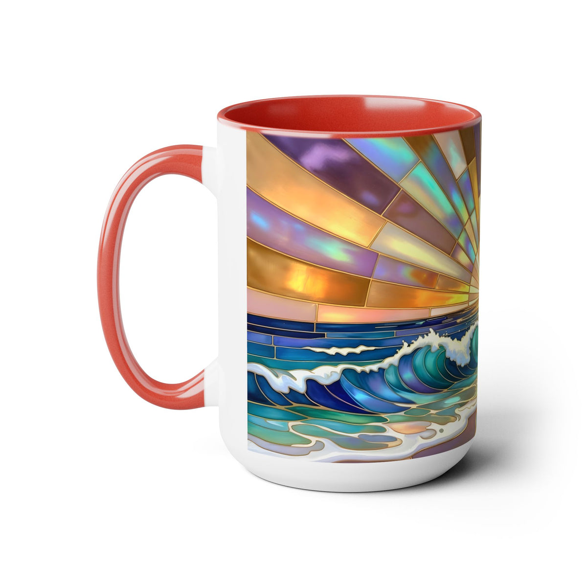 Beach Sunrise Stained Glass Style Mug, Coastal Ocean Coffee Cup, Sunrise Sea Mug, Beach Lover Cup 15oz