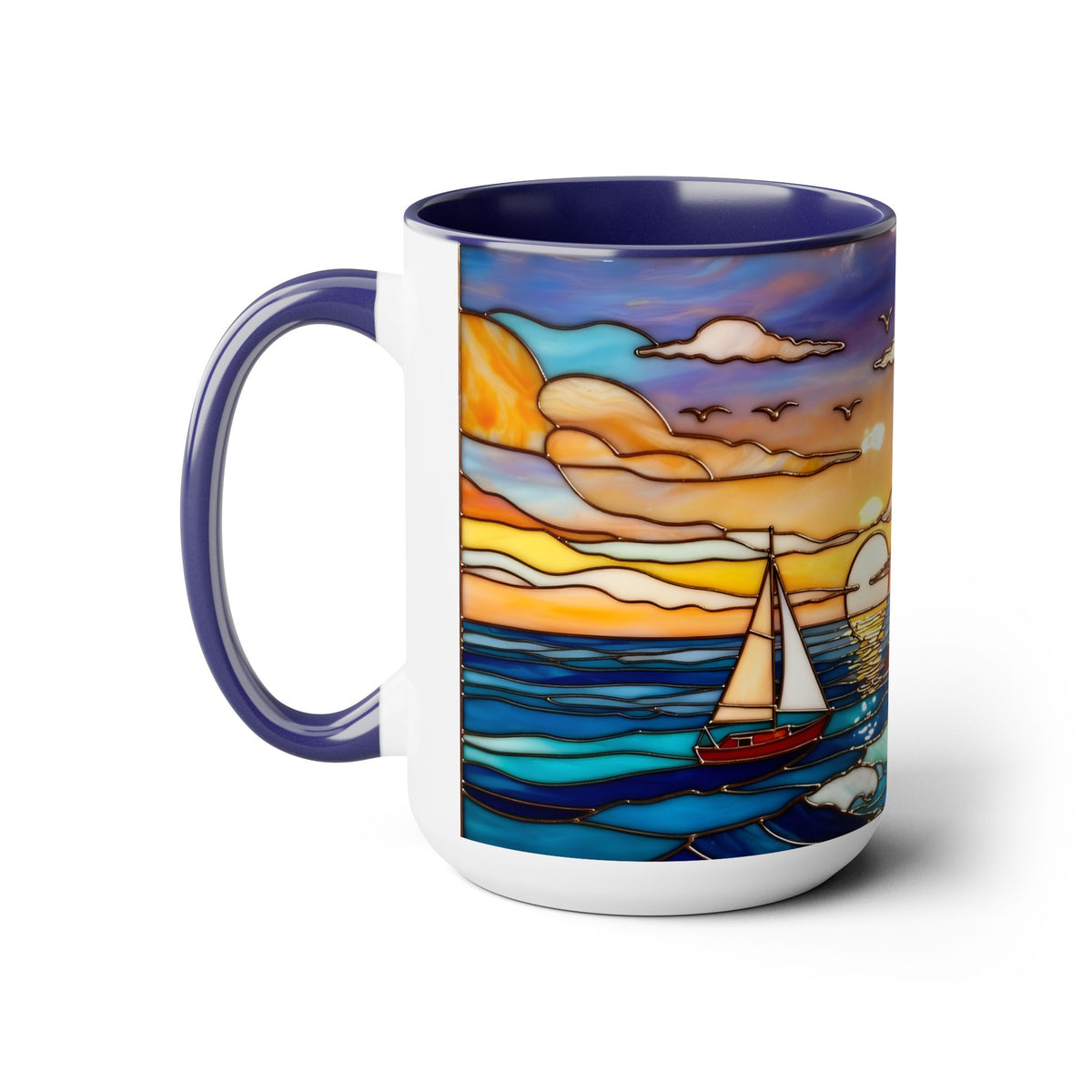 Lighthouse Sunset Mug, Coastal Stained Glass Style Coffee Cup 15oz, Nautical Coffee Mug