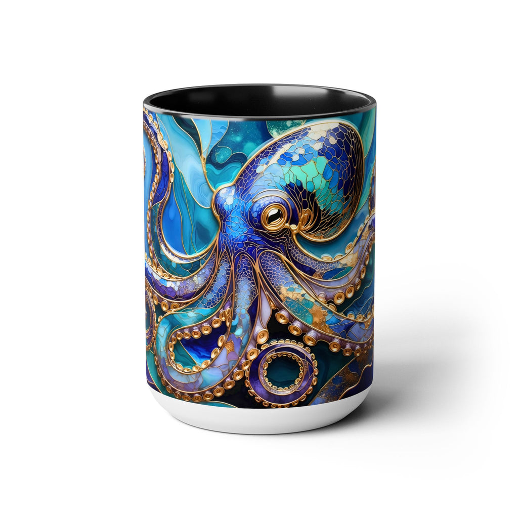 Blue Octopus Mug, Stained Glass Style | Ocean Art Coffee Cup, Beach Lover Cup 15oz