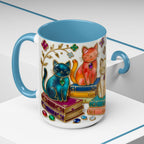 Stained Glass Style Cats Mug, Bookish Cat Art Mug, Jewel Tone Fantasy Cats Cup, Book Lover Mug 15oz