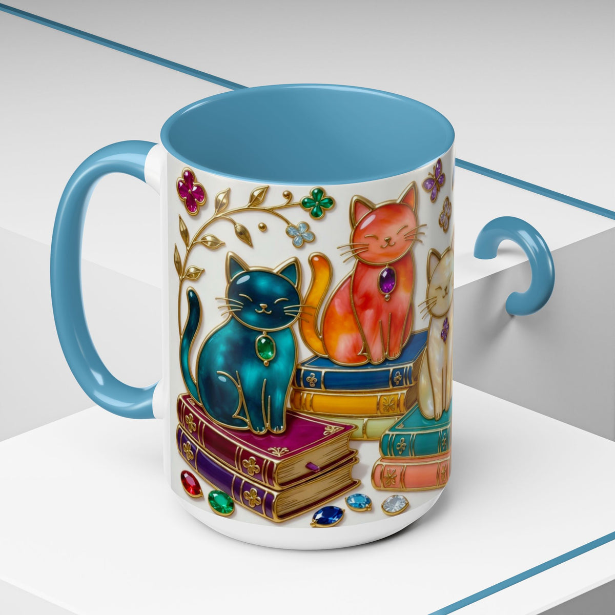Stained Glass Style Cats Mug, Bookish Cat Art Mug, Jewel Tone Fantasy Cats Cup, Book Lover Mug 15oz