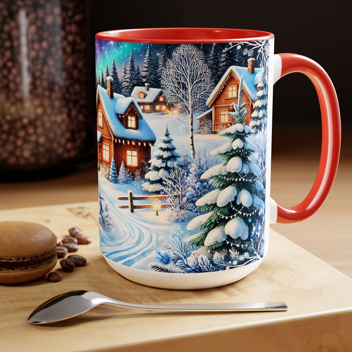 Christmas Mug, Christmas Nordic Village Mug, Christmas Cabin Mug, Aurora Winter Mug, Unique Christmas Gift, Big Mug, Vintage Style Mug 15oz