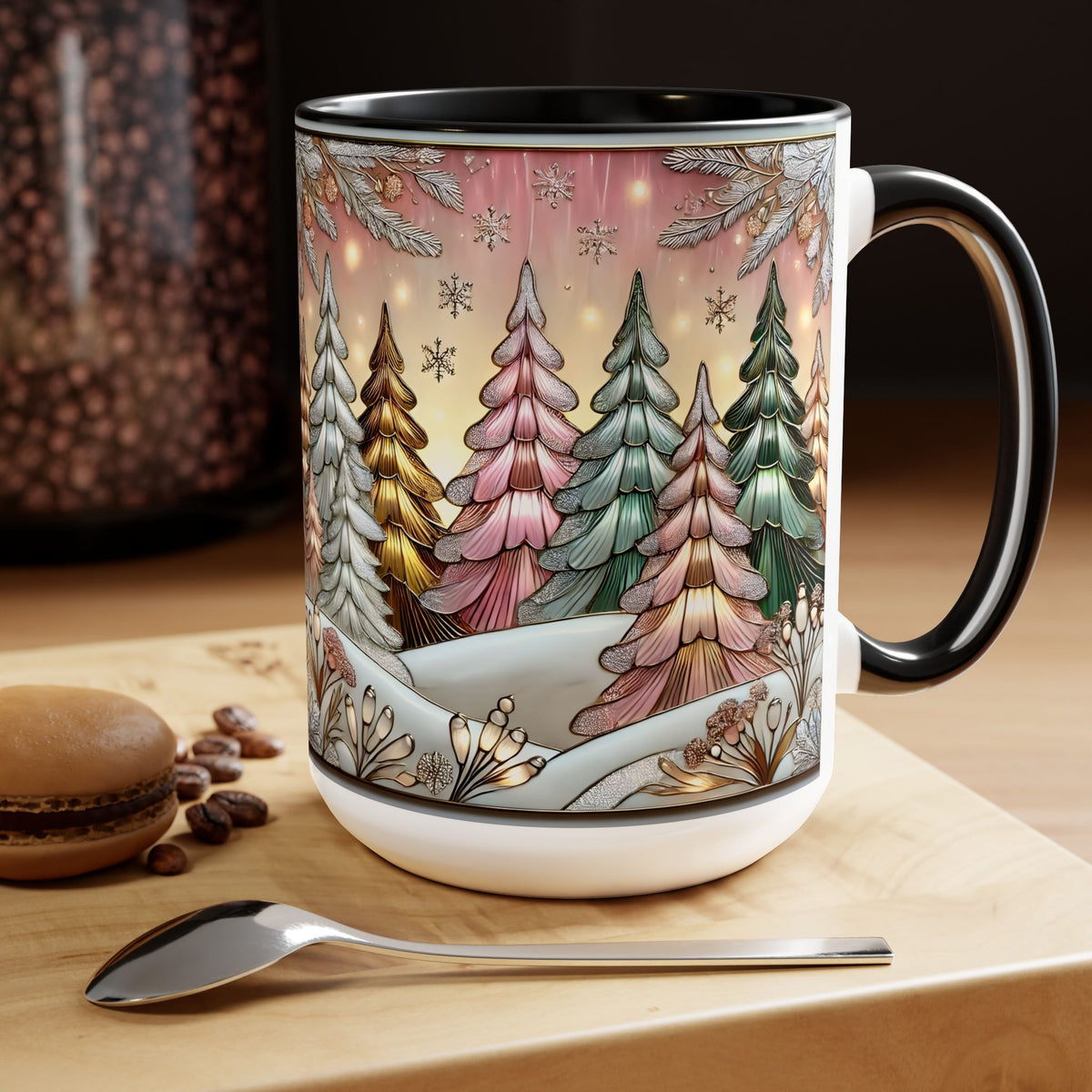 Pink Christmas Tree Mug, Stained Glass Style Forest Coffee Cup, Nature Lover Gift, Holiday Mug for Women, Winter Gift Idea