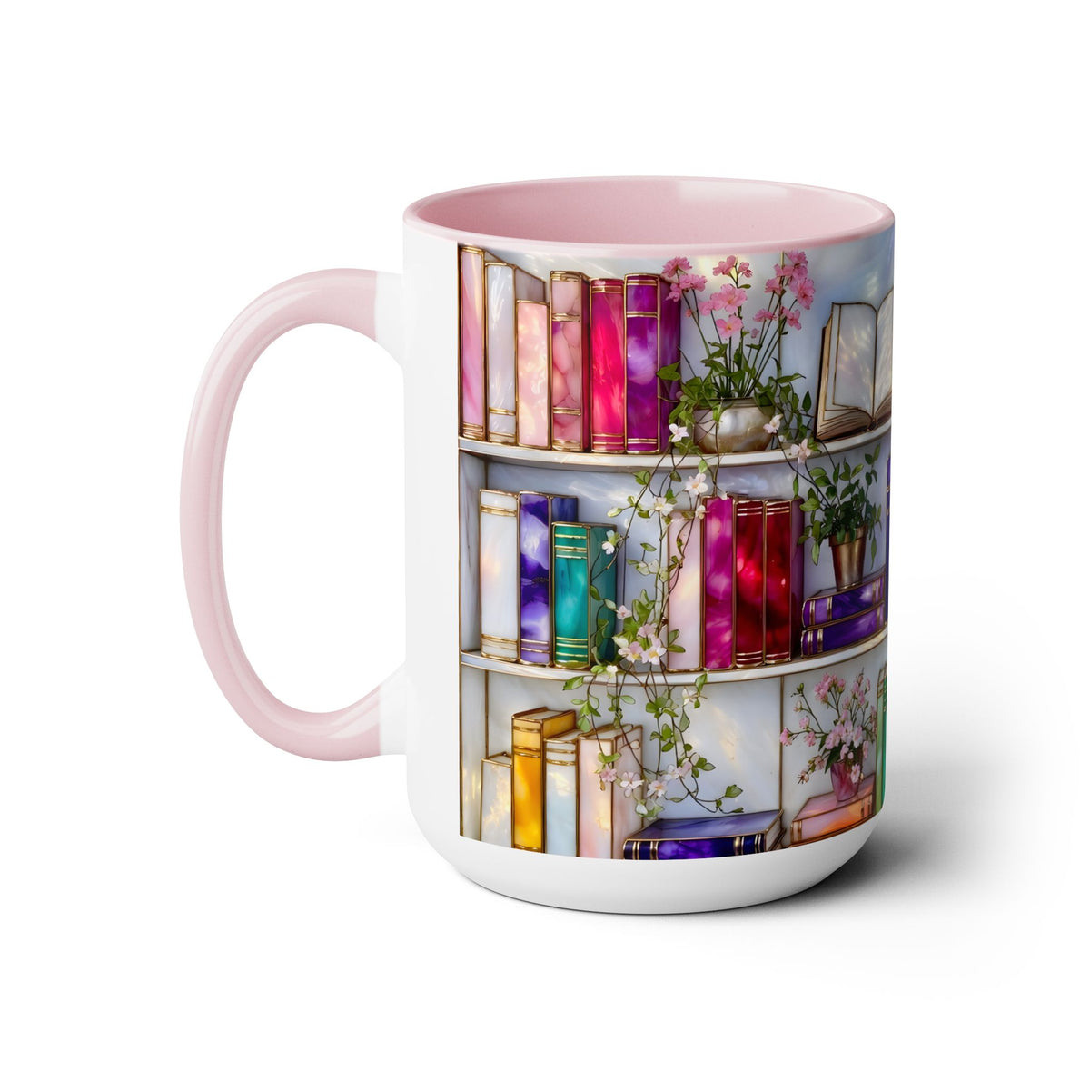 Stained Glass Style Bookshelf Mug, Colorful Floral Book Mug, Book Lover Gift. Elegant Reading Mug