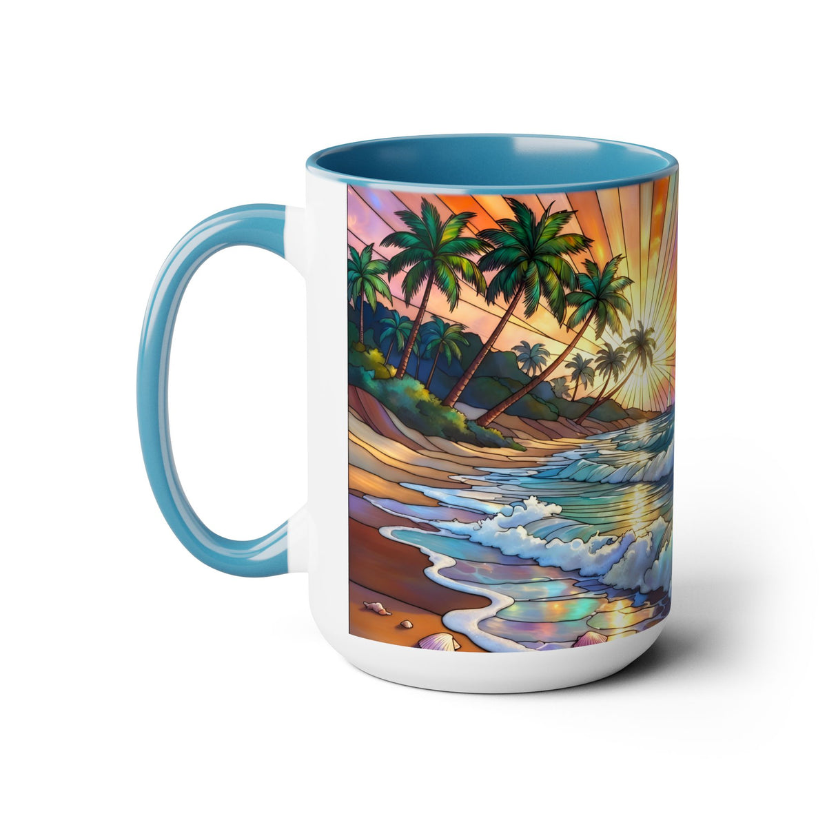 Stained Glass Style Ocean Beach Mug 15oz, Sunrise High Waves Coffee Cup, Palm Tree Coastal Art Cup, Tropical Beach Gift