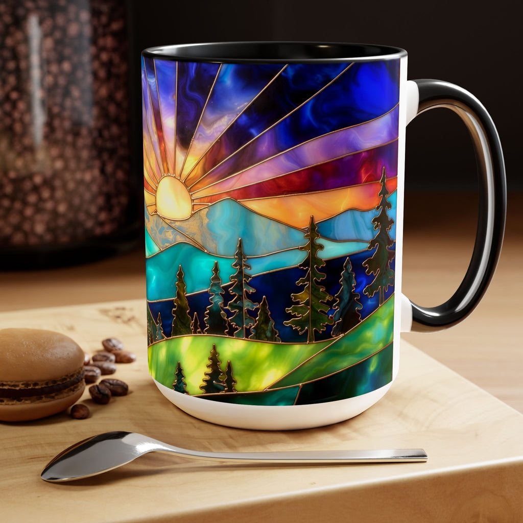 Stained Glass Style Sunset Mountains Coffee Mug, Pine Forest Cup Gift 15oz