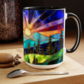 Stained Glass Style Sunset Mountains Coffee Mug, Pine Forest Cup Gift 15oz