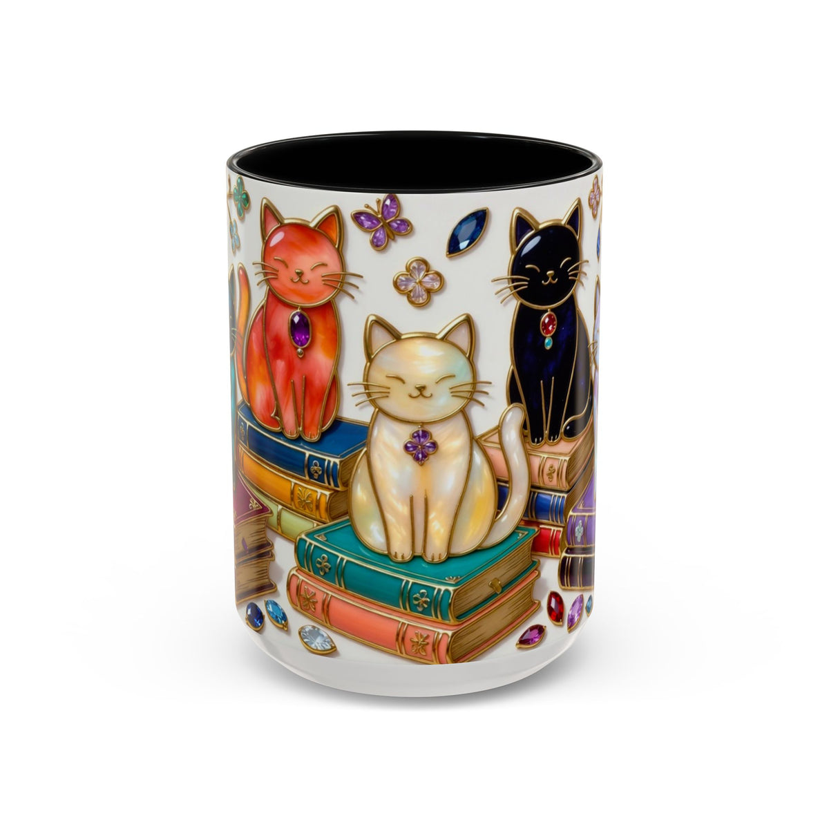 Stained Glass Style Cats Mug, Bookish Cat Art Mug, Jewel Tone Fantasy Cats Cup, Book Lover Mug 15oz