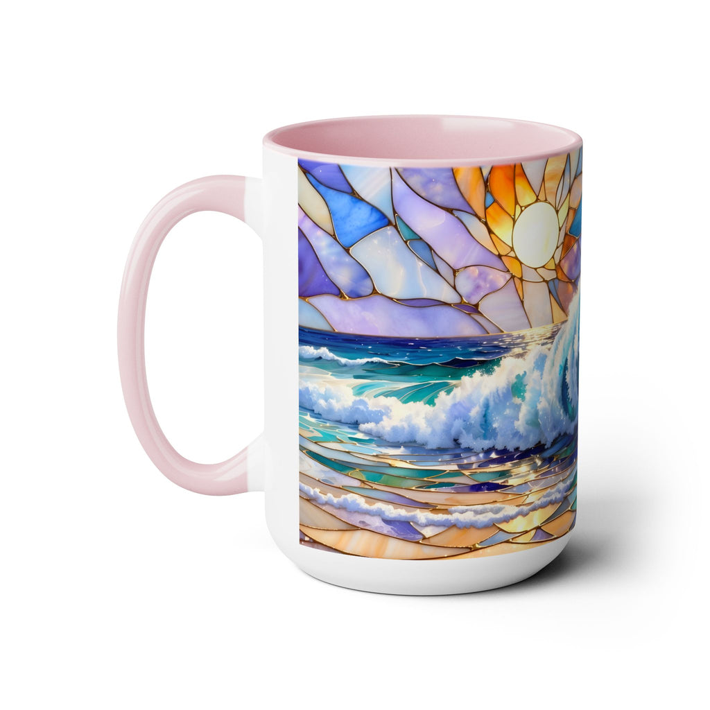 Stained Glass Style Ocean Wave Mug, Colorful Coastal Coffee Cup, Beach Sunrise Ceramic, Ocean Lover Gift Cup 15oz