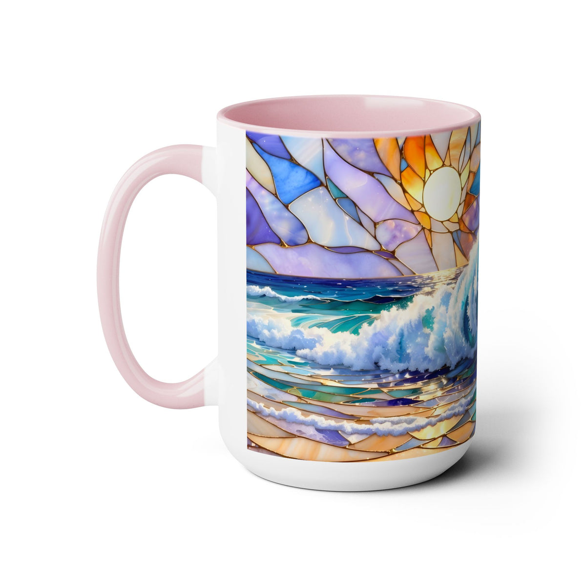 Stained Glass Style Ocean Wave Mug, Colorful Coastal Coffee Cup, Beach Sunrise Ceramic, Ocean Lover Gift Cup 15oz