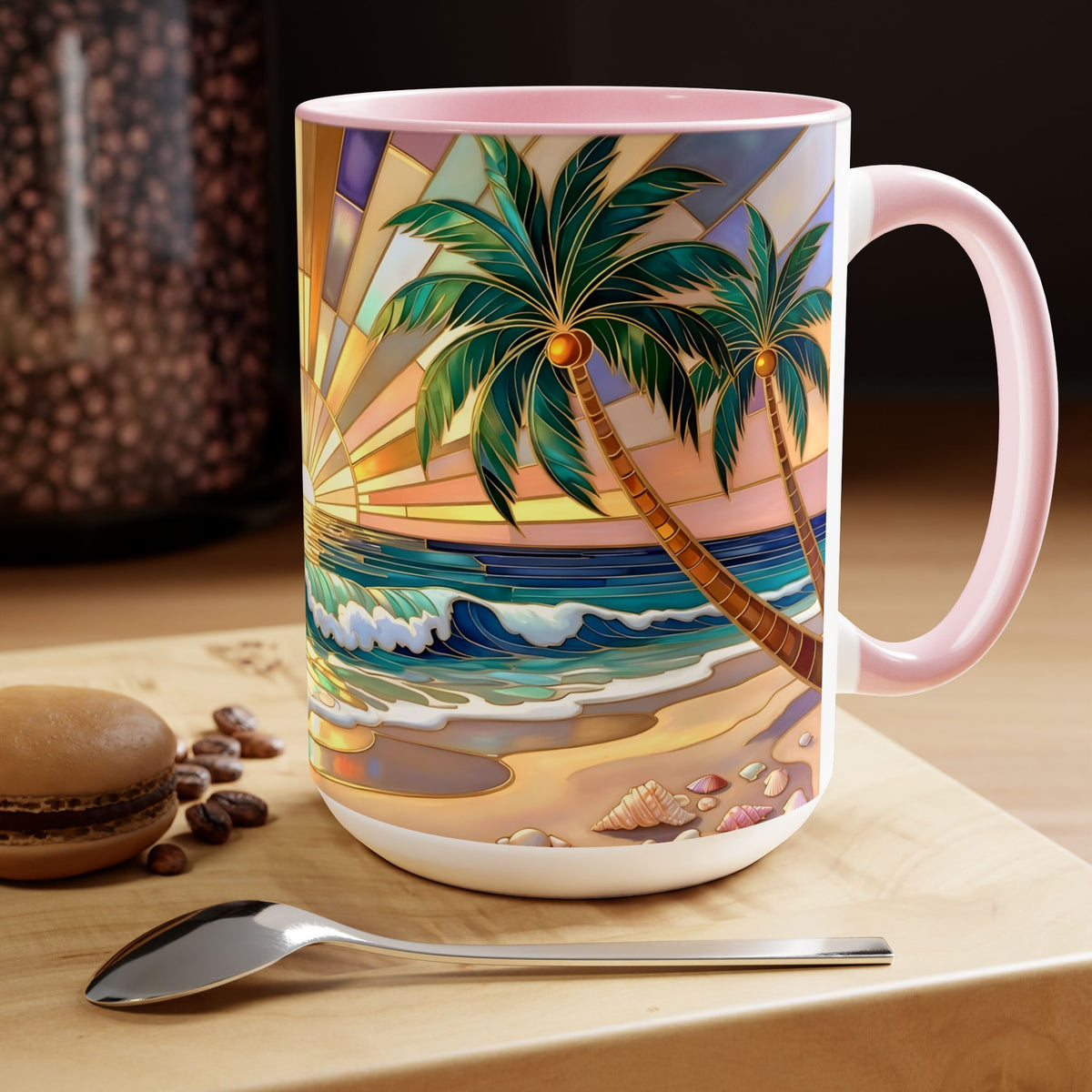 Beach Sunrise Stained Glass Style Mug, Coastal Ocean Coffee Cup, Sunrise Sea Mug, Beach Lover Cup 15oz