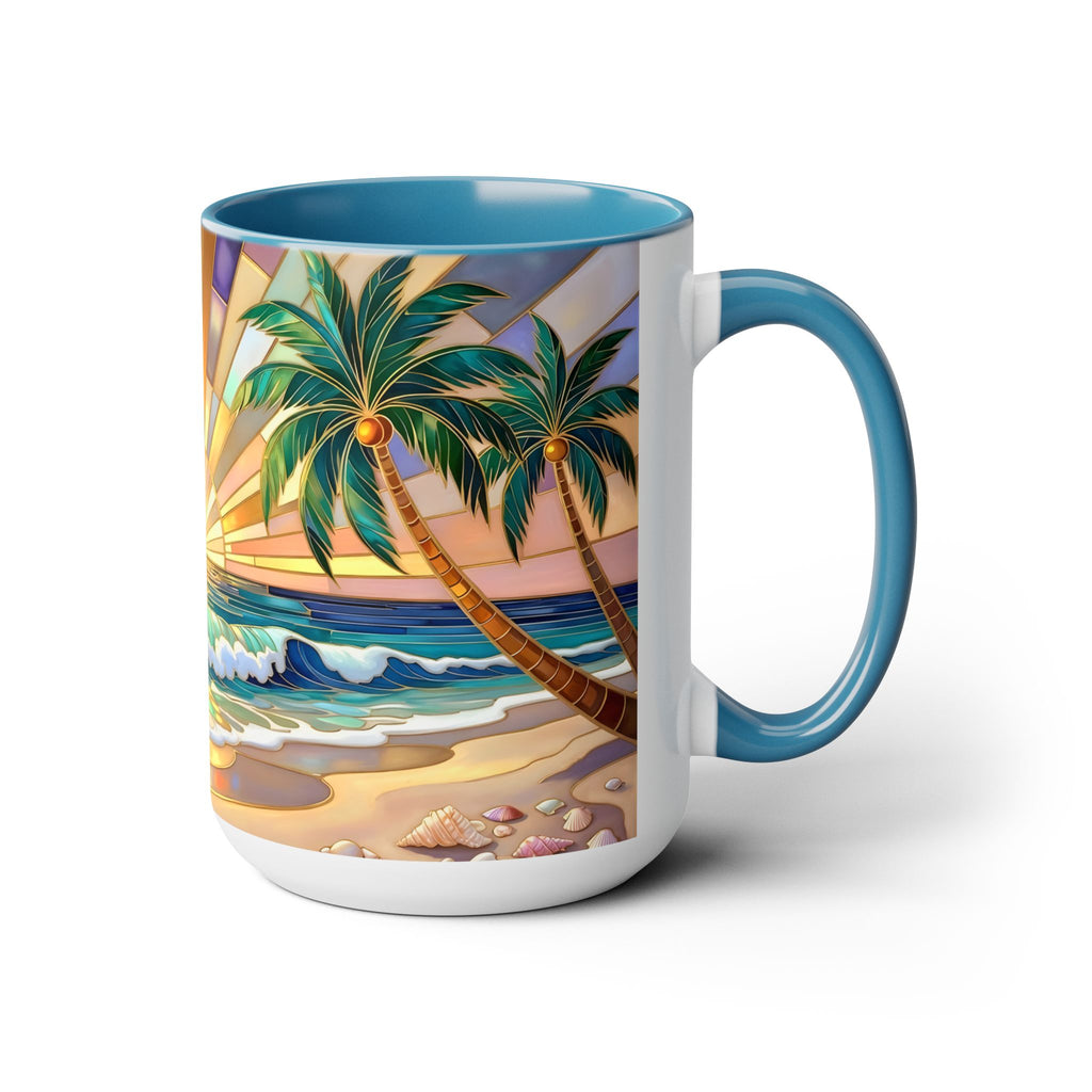 Beach Sunrise Stained Glass Style Mug, Coastal Ocean Coffee Cup, Sunrise Sea Mug, Beach Lover Cup 15oz