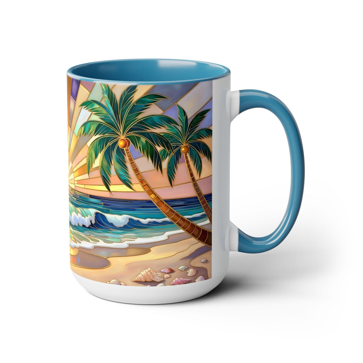 Beach Sunrise Stained Glass Style Mug, Coastal Ocean Coffee Cup, Sunrise Sea Mug, Beach Lover Cup 15oz