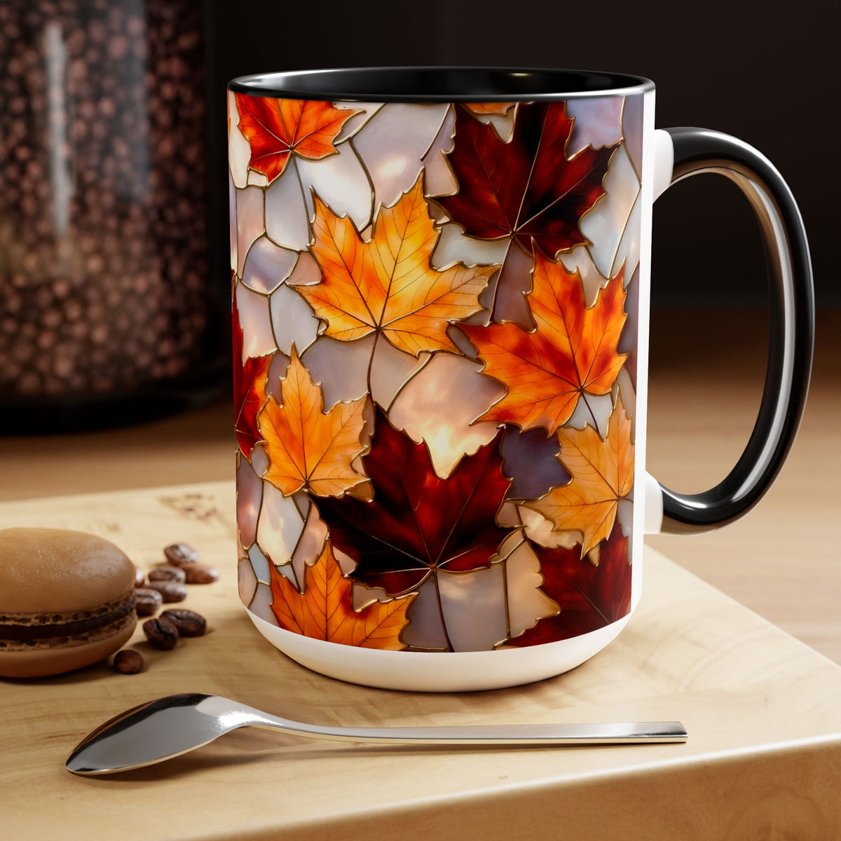 Autumn Maple Leaf Mug, Fall Stained-Glass Style Coffee Cup, Cozy Ceramic Seasonal Mug, Thanksgiving Gift Mug, Botanical Mug, Nature Mug 15oz