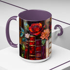Floral Stained Glass Style Book Mug, Bookshelf Floral Ceramic Mug 15oz, Elegant Book Lover Gift, Garden Book Lover Gift