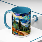 Stained Glass Style Mountain Camper Mug, Camping Coffee Cup, Outdoor Adventure Mug, Nature Lover Gift, Fathers Day Mug, Forest Landscape Cup