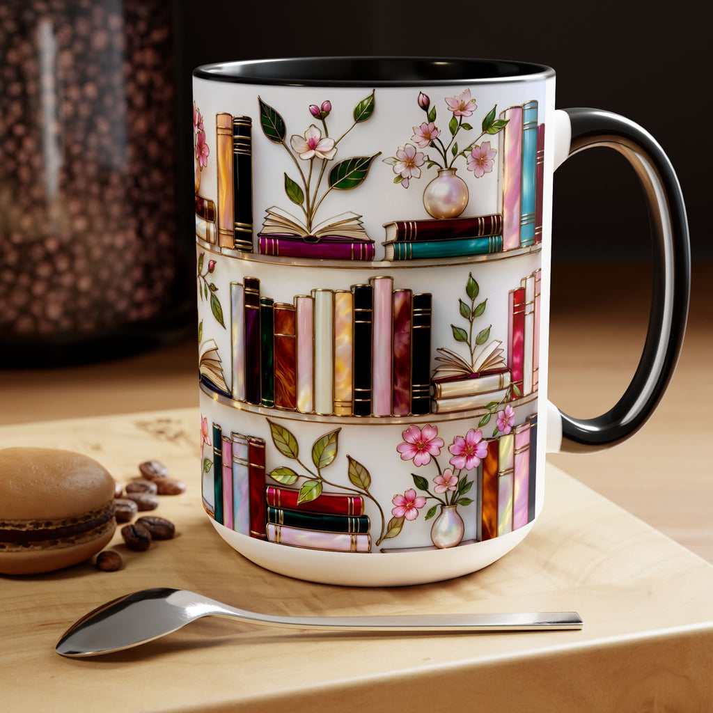 Stained Glass Bookshelf Mug, Book Lover Gift, Floral Bookish Cup, Library Aesthetic Mug, Ceramic Accent Mug, Reader Gift, Cozy Book Mug
