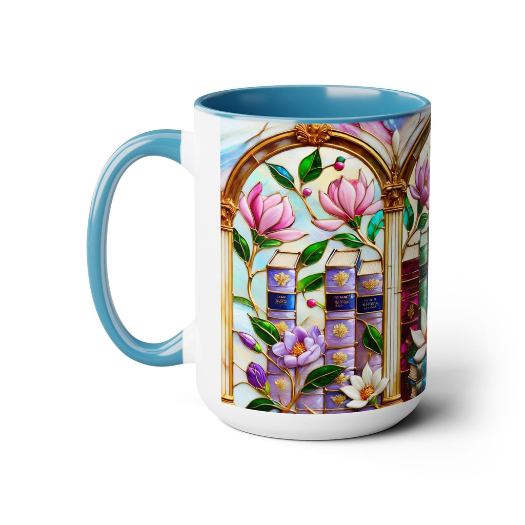 Floral Bookshelf Coffee Mug, Bookish Faux Stained-Glass Mug, Book Lover Gift, Reading Mug for Women, Library Aesthetic Cup 15oz