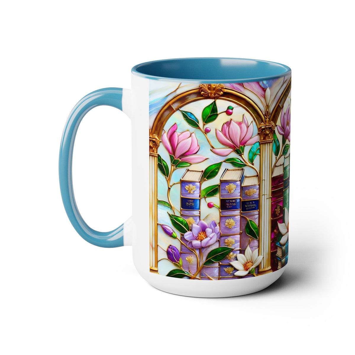 Floral Bookshelf Coffee Mug, Bookish Faux Stained-Glass Mug, Book Lover Gift, Reading Mug for Women, Library Aesthetic Cup 15oz
