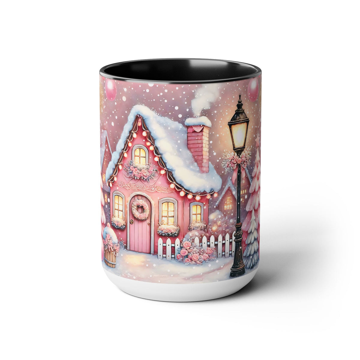 Pink Christmas Village Mug, Christmas Coffee Mug Gift, Merry Christmas Mug, Pink Winter Mug, Holiday Kitchen Decor, Elegant Coffee Mug 15oz