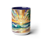Beach Sunrise Stained Glass Style Mug, Coastal Ocean Coffee Cup, Sunrise Sea Mug, Beach Lover Cup 15oz