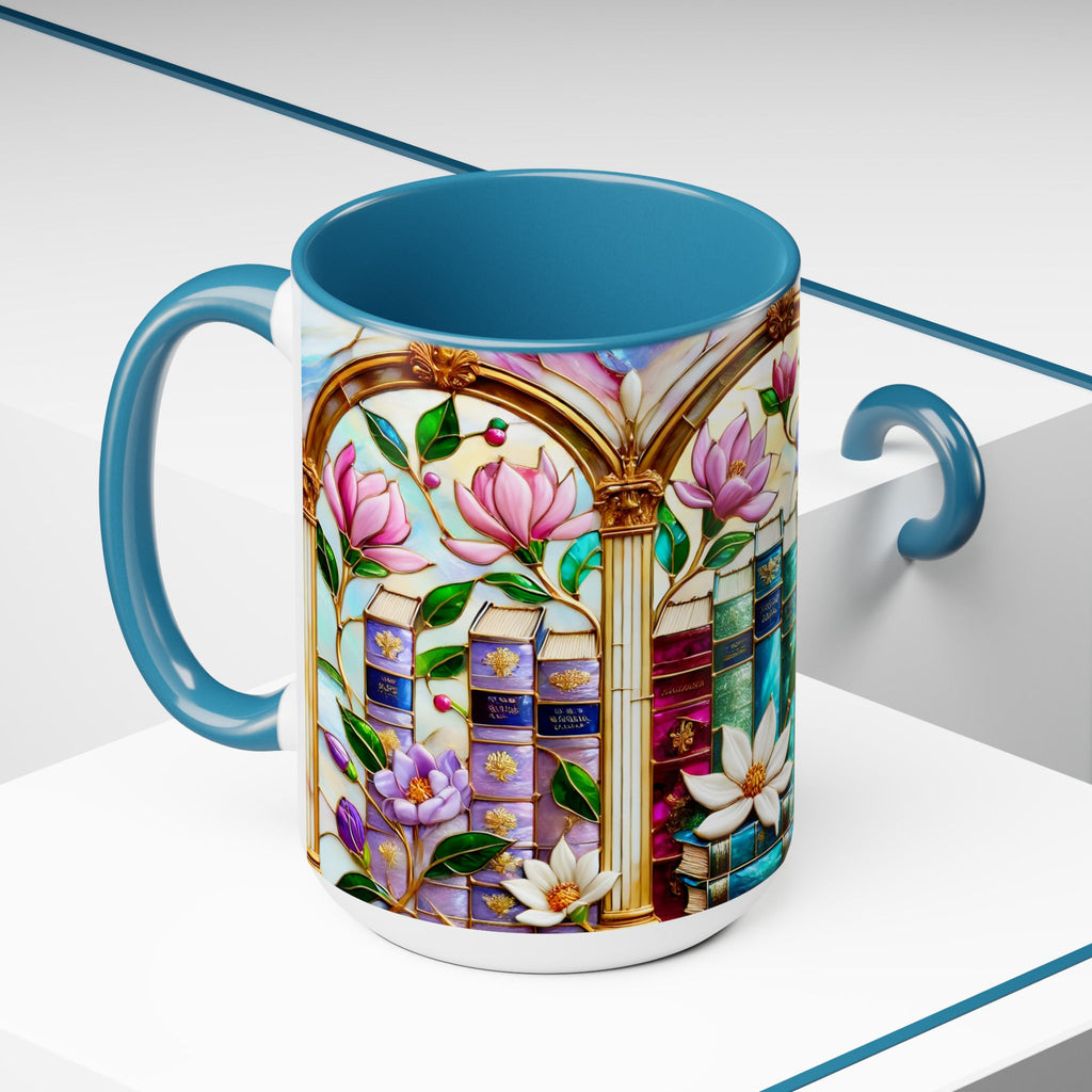Floral Bookshelf Coffee Mug, Bookish Faux Stained-Glass Mug, Book Lover Gift, Reading Mug for Women, Library Aesthetic Cup 15oz
