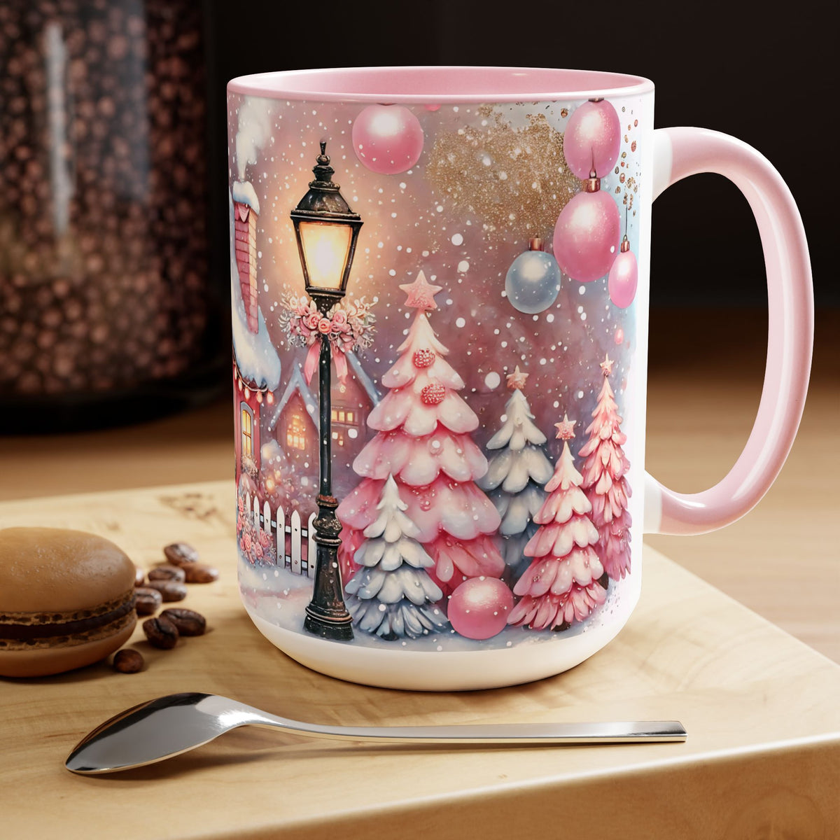Pink Christmas Village Mug, Christmas Coffee Mug Gift, Merry Christmas Mug, Pink Winter Mug, Holiday Kitchen Decor, Elegant Coffee Mug 15oz