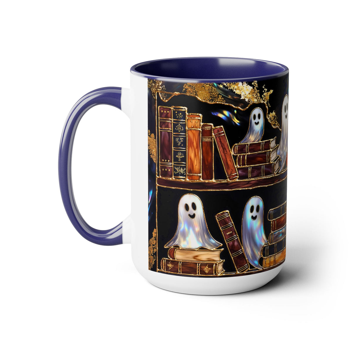Halloween Ghost Bookshelf Mug, Cute Ghost Coffee Mug, Book Lover Gift, Spooky Books Mug, Fall Mug, Gothic Library Cup, Dark Academia Mug