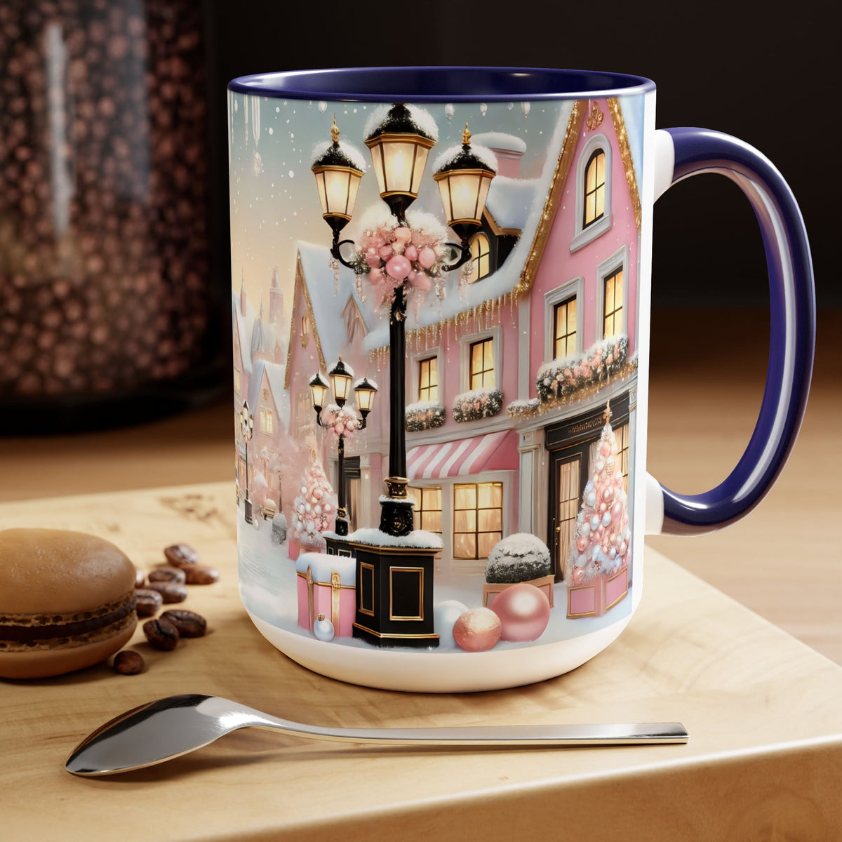 Pink Christmas Village Mug, Christmas Coffee Mug, Elegant Pastel Winter Village Ceramic Cup, Christmas Home Decor Kitchen, Winter Mug 15oz