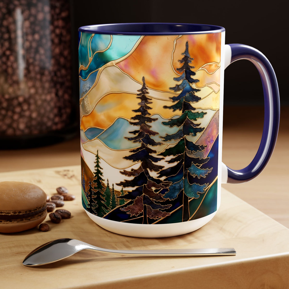 Stained Glass Style Mountain Mug, Forest Landscape Coffee Mug, Nature Lover Gift, Outdoor Adventure Mug, Fathers Day Gift 15oz