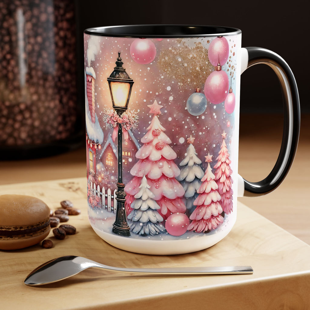 Pink Christmas Village Mug, Christmas Coffee Mug Gift, Merry Christmas Mug, Pink Winter Mug, Holiday Kitchen Decor, Elegant Coffee Mug 15oz