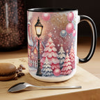 Pink Christmas Village Mug, Christmas Coffee Mug Gift, Merry Christmas Mug, Pink Winter Mug, Holiday Kitchen Decor, Elegant Coffee Mug 15oz