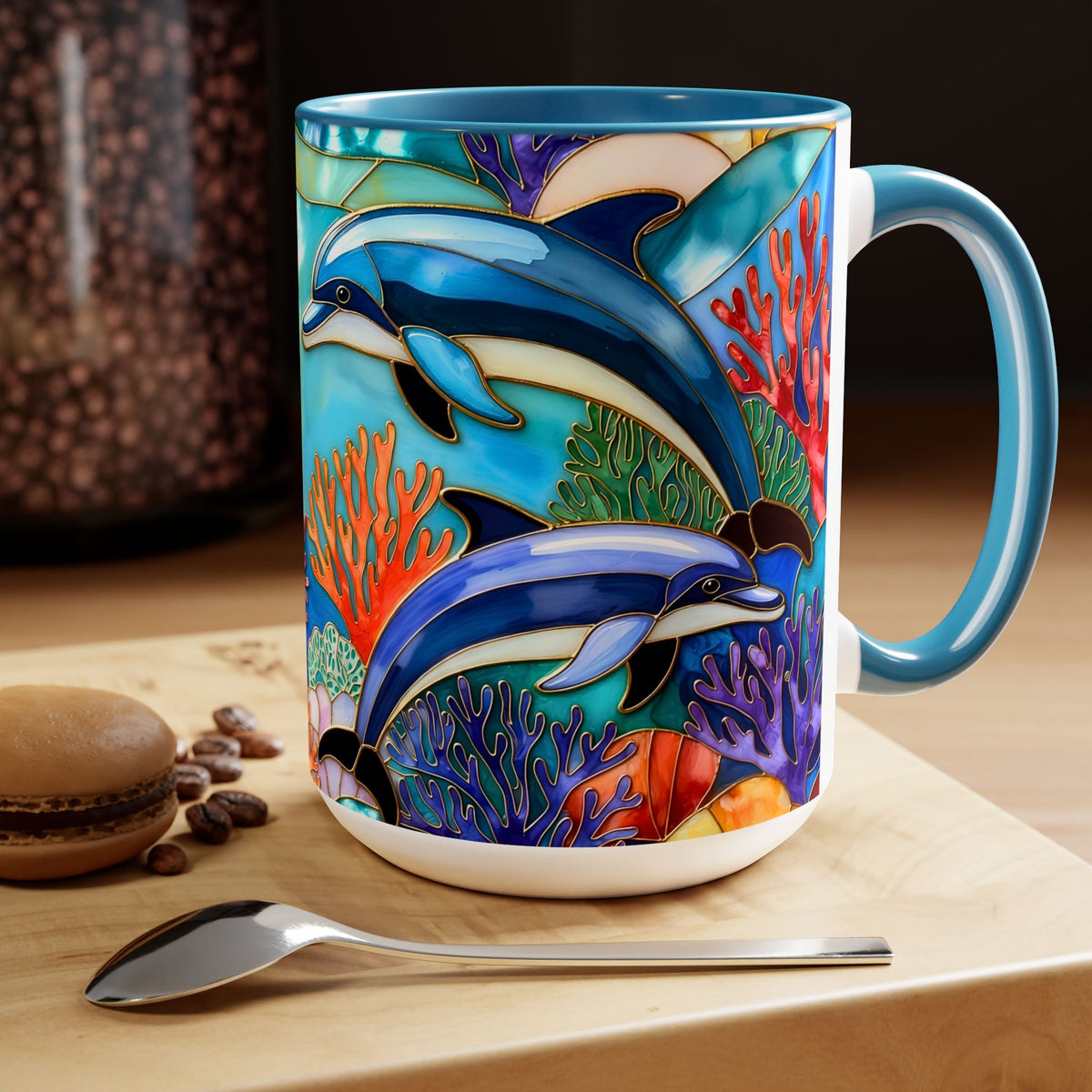 Dolphin Mug, Stained Glass Style Mug, Ocean Lover Gift, Ocean Lover Cup 15oz