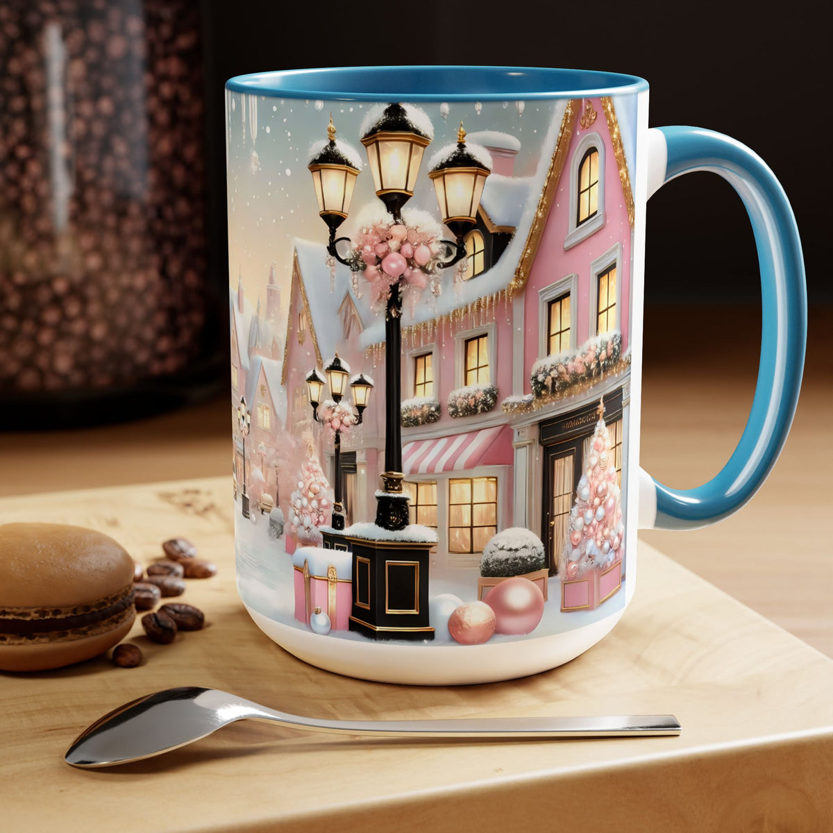 Pink Christmas Village Mug, Christmas Coffee Mug, Elegant Pastel Winter Village Ceramic Cup, Christmas Home Decor Kitchen, Winter Mug 15oz