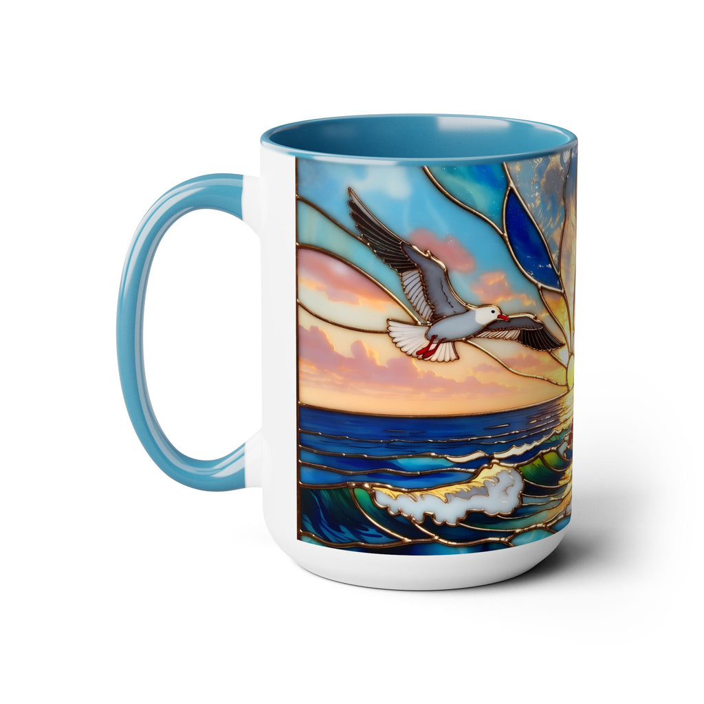 Lighthouse Sunset Mug, Coastal Stained Glass Style Coffee Cup, Nautical Coffee Mug 15oz