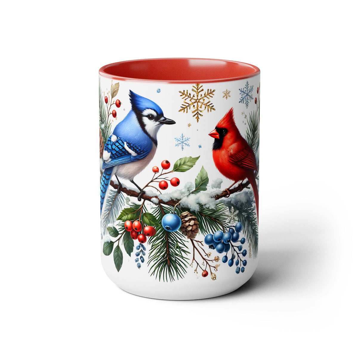 Cardinal Blue Jay Mug, Bird on Snowy Branch Mug, Bird Retro Christmas Mug, Cottagecore Mug, Christmas Kitchen Decor Mug, Winter Mug 15oz
