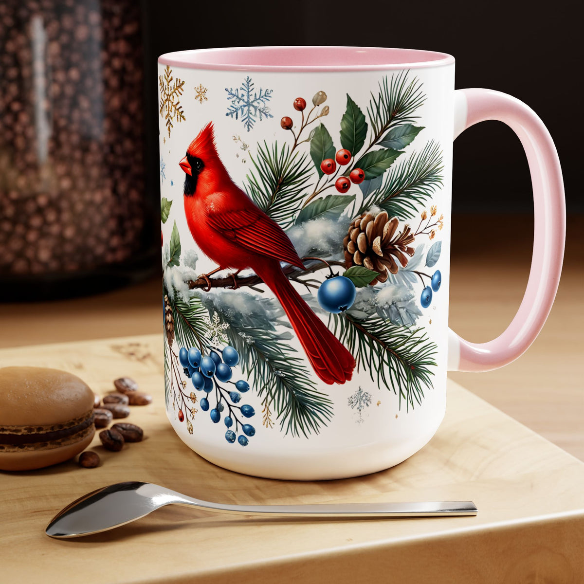 Cardinal Blue Jay Mug, Bird on Snowy Branch Mug, Bird Retro Christmas Mug, Cottagecore Mug, Christmas Kitchen Decor Mug, Winter Mug 15oz