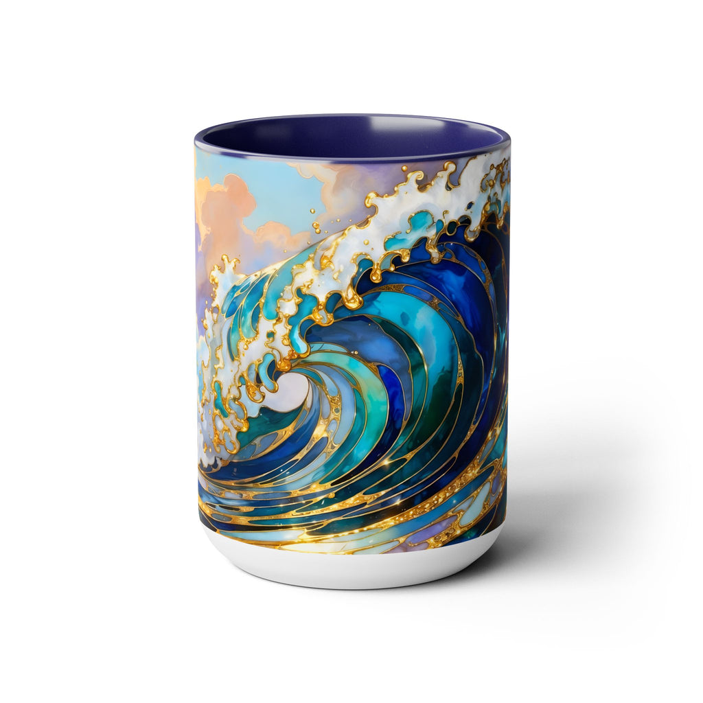 Ocean Waves Stained Glass Style Coffee Mug, Coastal Beach Decor Cup, Nautical Sea Wave Art Mug 15oz