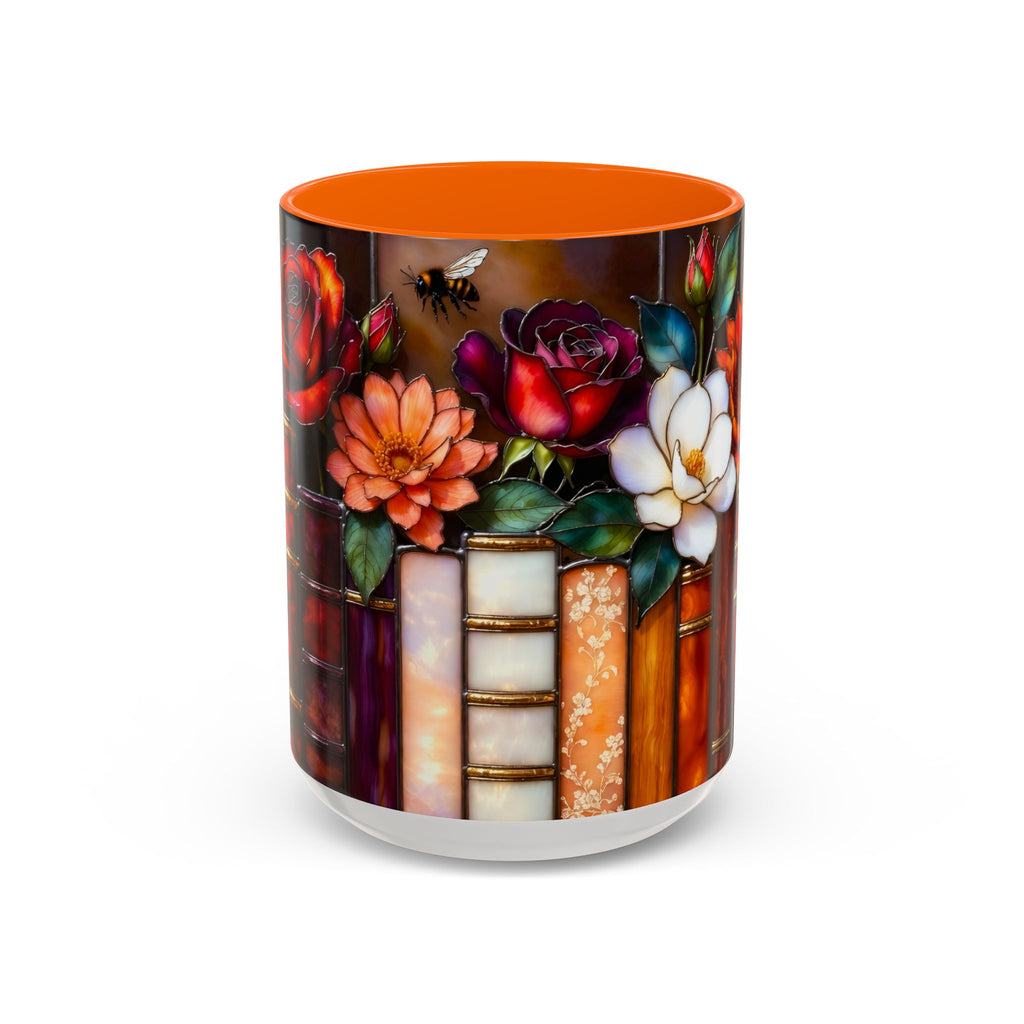 Floral Stained Glass Style Book Mug, Bookshelf Floral Ceramic Mug 15oz, Elegant Book Lover Gift, Garden Book Lover Gift