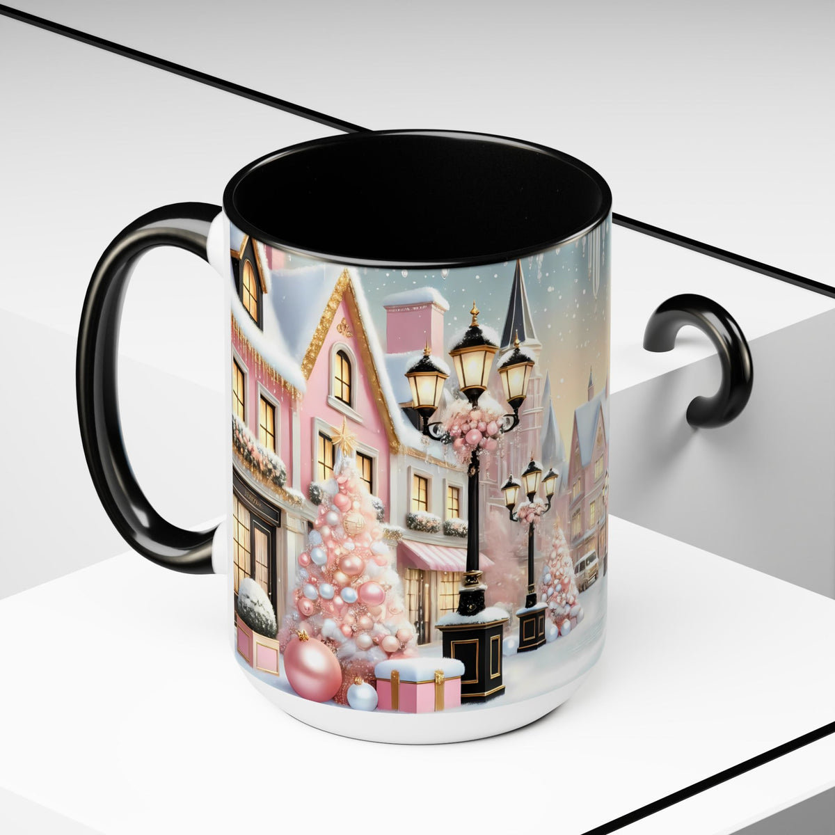 Pink Christmas Village Mug, Christmas Coffee Mug, Elegant Pastel Winter Village Ceramic Cup, Christmas Home Decor Kitchen, Winter Mug 15oz
