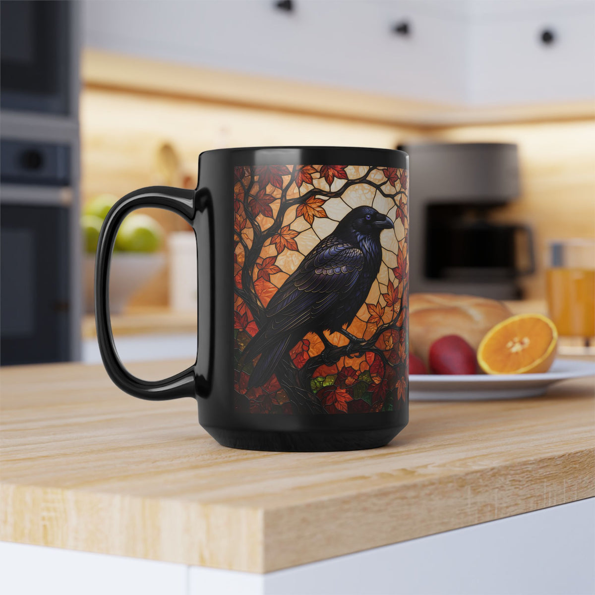 Raven Mug, Stained Glass Crow Coffee Mug, Gothic Raven Mug, Dark Academia Gift, Witchy Fall Mug, Bird Lover Gift, Halloween Cup 11oz, 15oz
