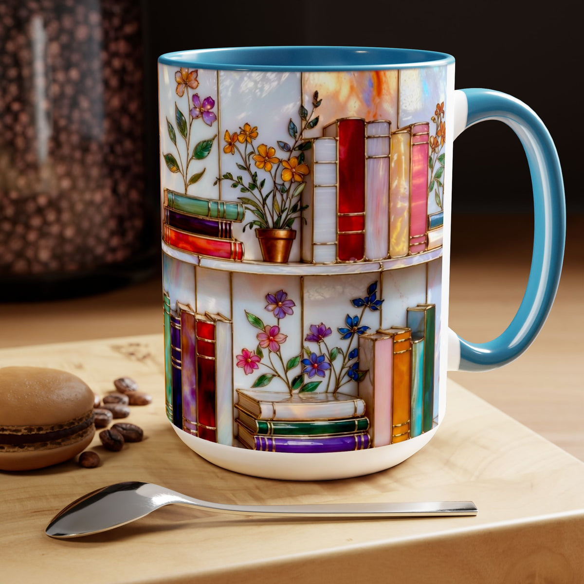 Floral Bookshelf Coffee Mug, Bookish Stained-Glass Style Mug, Book Lover Gift, Library Aesthetic Cup, Teacher Gift, Reading Mug 15oz