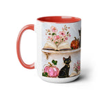 Halloween Ghost Bookshelf Mug, Black Cat Coffee Mug, Witchy Ghost Mug, Book Lover Gift, Spooky Library Mug, Pink Floral Bookshelf Mug 15oz