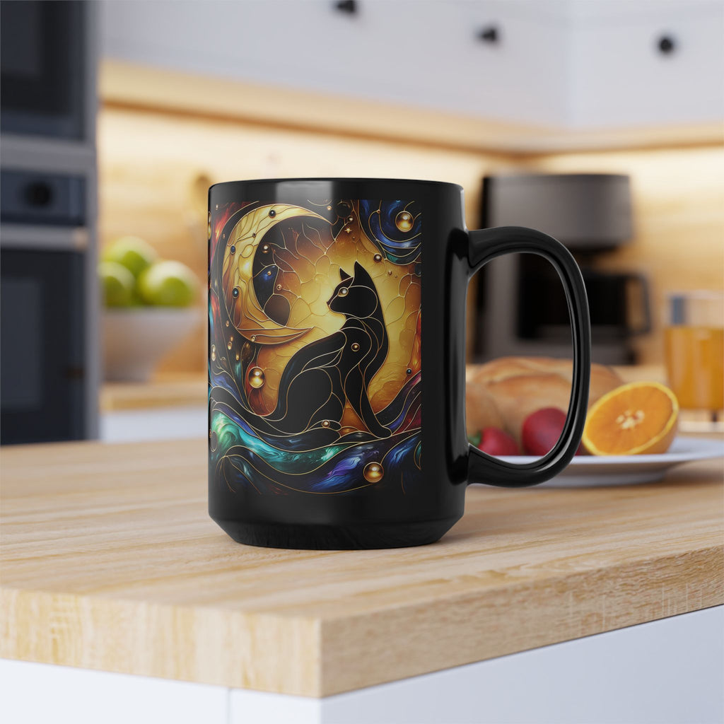 Black Cat Mug, Crescent Moon Halloween Cat Mug, Stained Galss Style Halloween Cat Mug, Dark Academia Witchy Stained Glass Cat Moon Cup 15oz